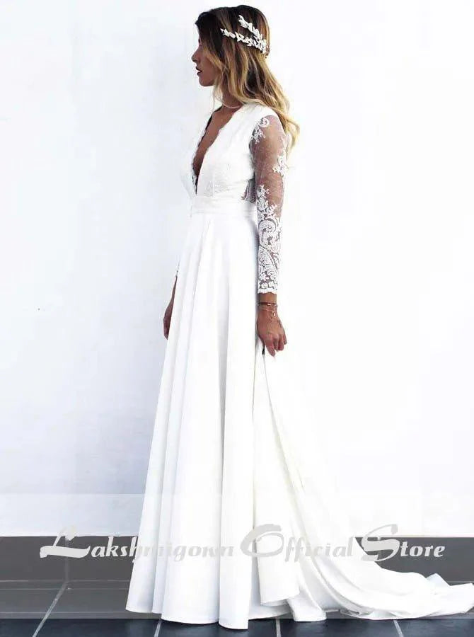 NumberSea Cheap Long White Lace A-line Wedding Dresses Bridal Gowns vestido de noiva with see-through long sleeves robe mariage femme