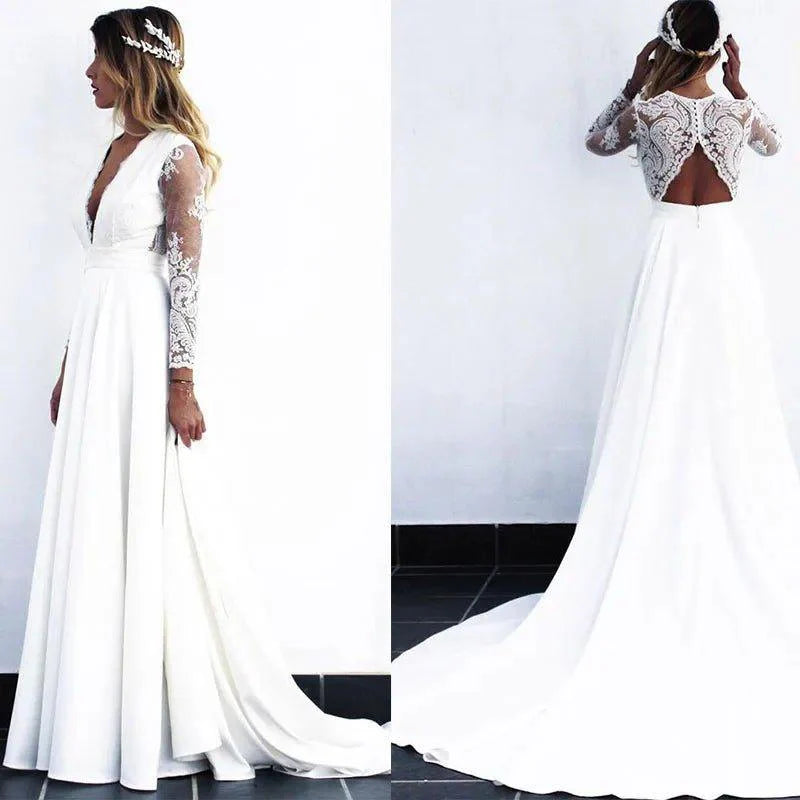 NumberSea Cheap Long White Lace A-line Wedding Dresses Bridal Gowns vestido de noiva with see-through long sleeves robe mariage femme