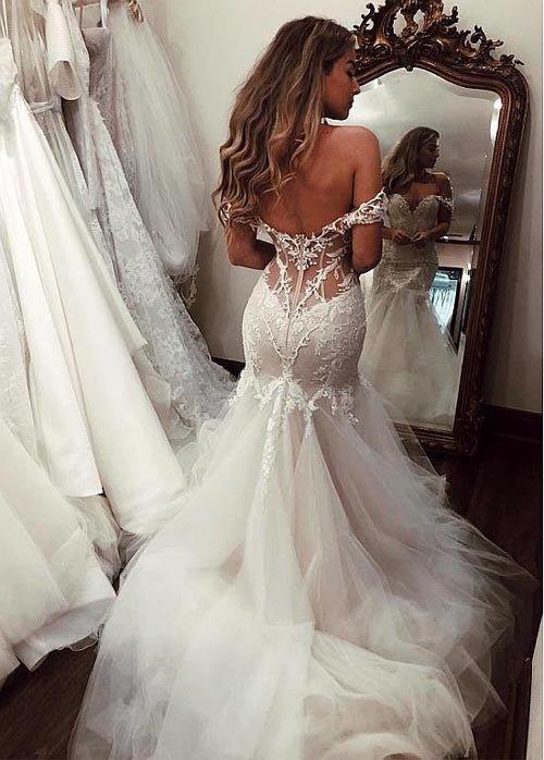 NumberSea Cheap Off the Shoulder Mermaid Wedding Dresses Vintage Lace Bridal Gown,MW492