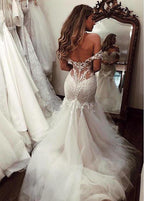NumberSea Cheap Off the Shoulder Mermaid Wedding Dresses Vintage Lace Bridal Gown,MW492