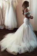 NumberSea Robe de mariée sirène vintage à bretelles tombantes en dentelle pas chère, MW492