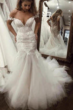 NumberSea Cheap Off the Shoulder Mermaid Wedding Dresses Vintage Lace Bridal Gown,MW492