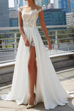 NumberSea Cheap Off the Shoulder See Through Wedding Dresses Side Slit A-line Bridal Dresses,MW493