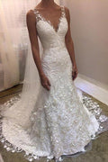 Vestido de novia sirena con escote en V, espalda descubierta y encaje de NumberSea a bajo precio, Vestidos de novia baratos, MW331