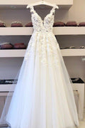 NumberSea Cheap V-neck Long Wedding Dresses A-line Bridal Gowns with Appliques,MW339