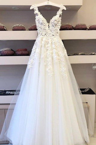 NumberSea Vestidos de noiva compridos com decote em V e aplicações, corte A, MW339