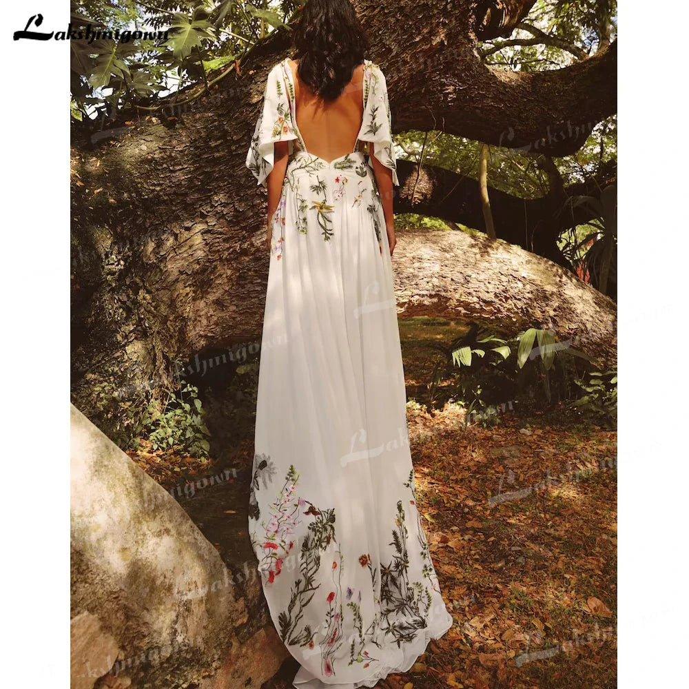 NumberSea Chic Colorful Embroidery Boho Wedding Dress Sexy V Neck Short Sleeve Open Back Chiffon Beach Bohemia Bridal Gowns