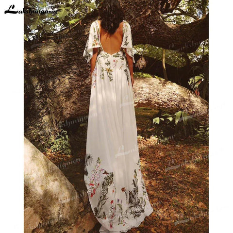 Vestido de noiva estilo boho com bordado colorido NumberSea Chic, sexy, decote em V, manga curta, costas abertas, chiffon, praia, estilo boémio 