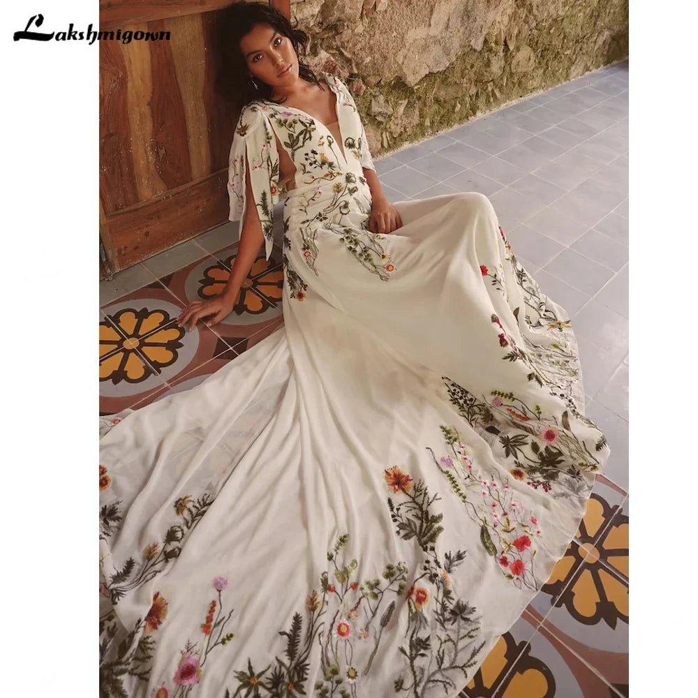 NumberSea Chic Colorful Embroidery Boho Wedding Dress Sexy V Neck Short Sleeve Open Back Chiffon Beach Bohemia Bridal Gowns