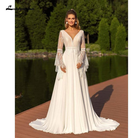 NumberSea Schickes Brautkleid mit Puffärmeln und Spitzenapplikationen