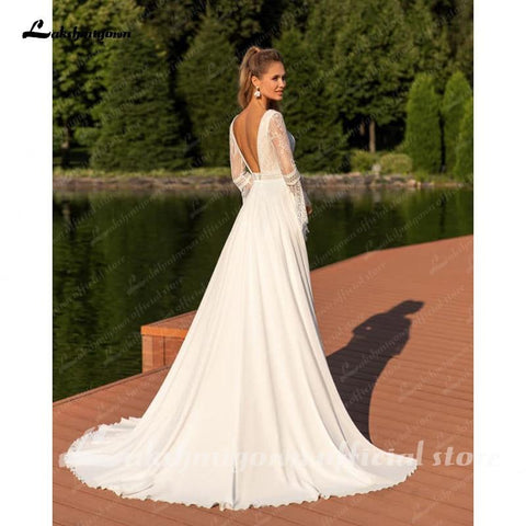 NumberSea Schickes Brautkleid mit Puffärmeln und Spitzenapplikationen
