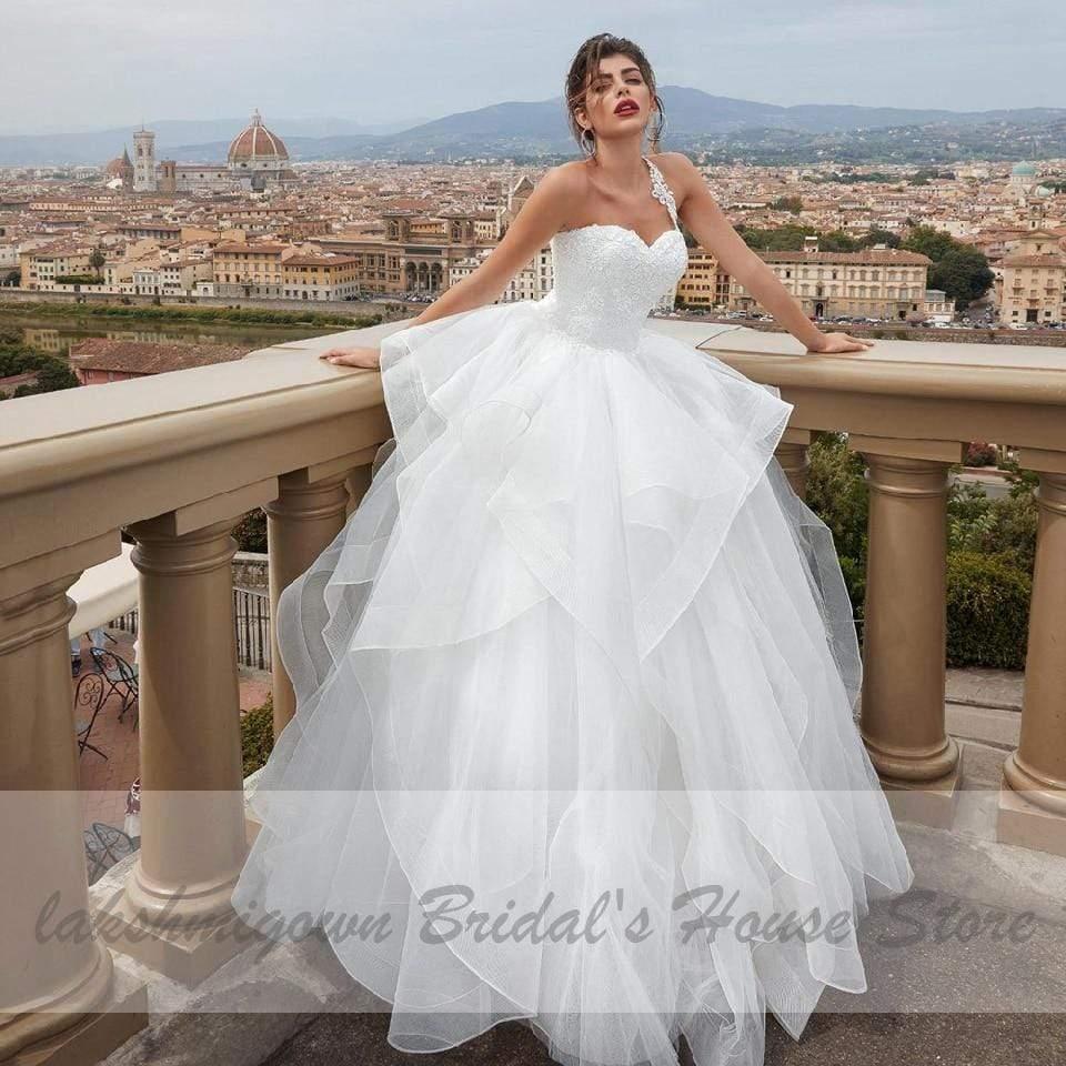 NumberSea Chic White Tulle Bridal Gown Wedding Dress Lace Up Back