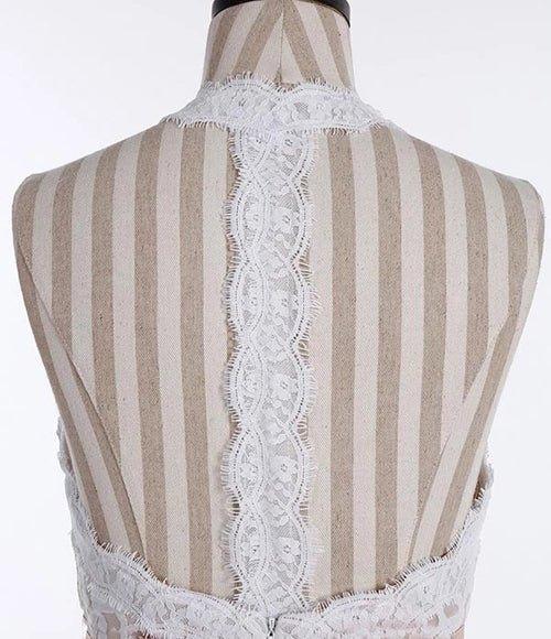 NumberSea Chiffon A-Linie Neckholder Ärmellos Langes Strand-Brautkleid mit Spitze, MW336