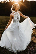 NumberSea Chiffon A-Line Halter Sleeveless Long Beach Wedding Dress with Lace,MW336