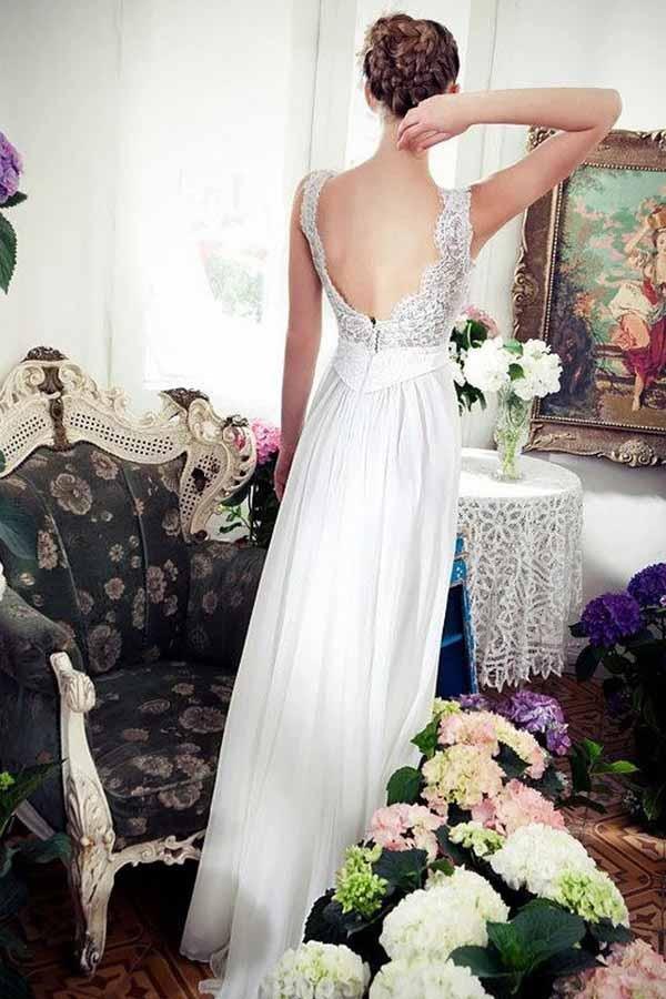 NumberSea Chiffon A-line V-neck Beach Wedding Dress With Train, Lace Wedding Gown, MW737