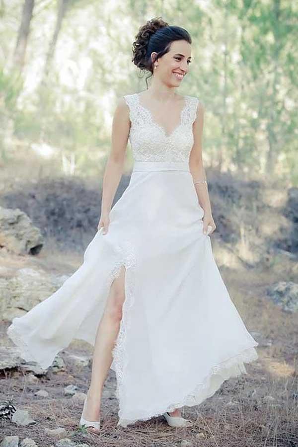 NumberSea Chiffon A-line V-neck Beach Wedding Dress With Train, Lace Wedding Gown, MW737
