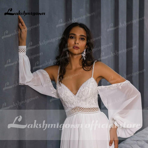 NumberSea Chiffon Rückenfreies Spaghettiträger Laternenärmel Brautkleider