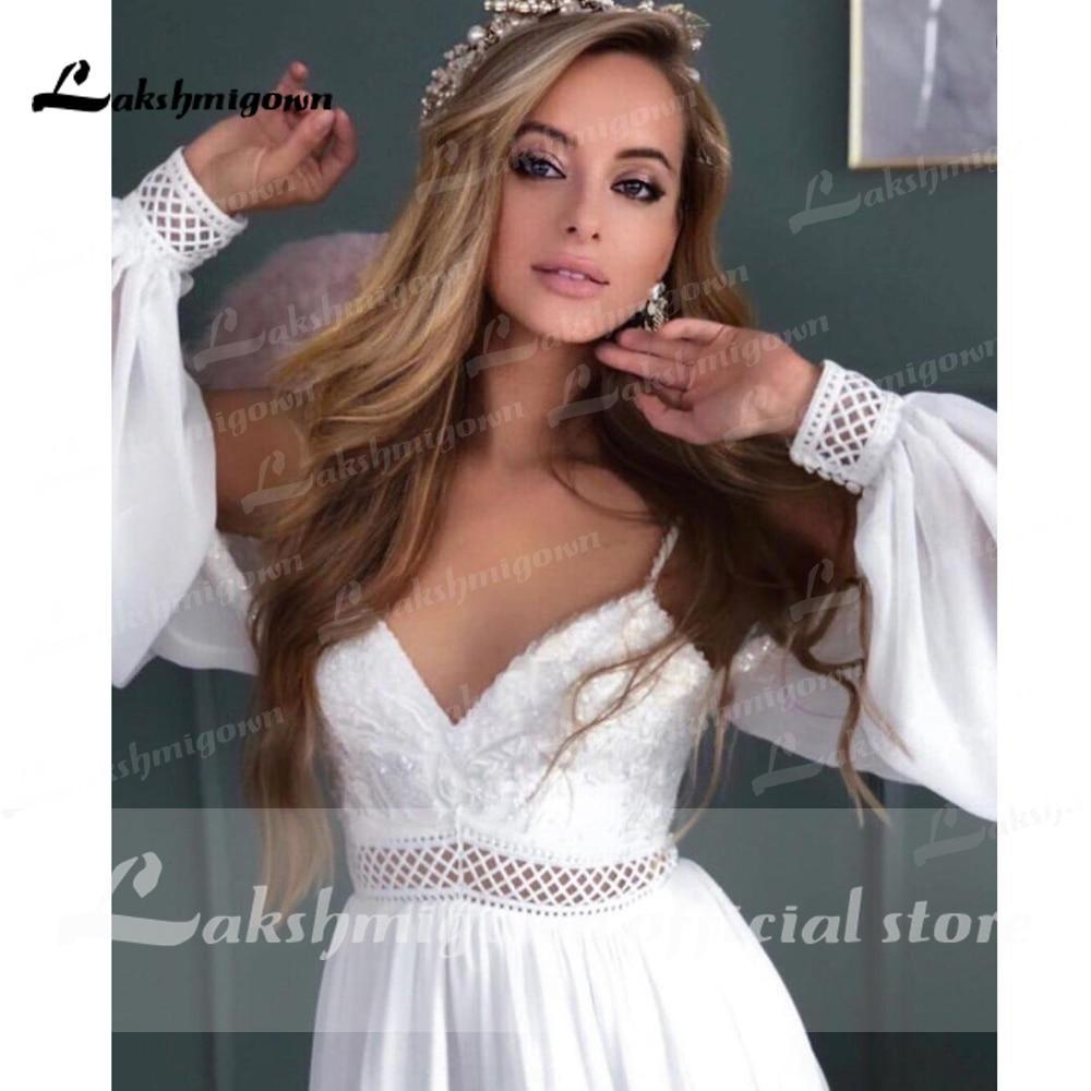 NumberSea Chiffon Backless Spaghetti Straps lantern Sleeve Wedding Dresses