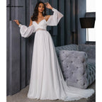 NumberSea Chiffon Backless Spaghetti Straps lantern Sleeve Wedding Dresses