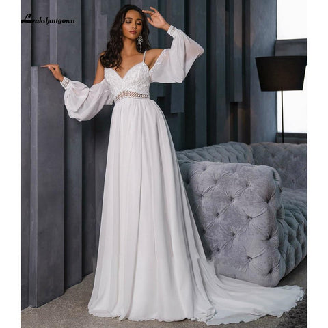 NumberSea Chiffon Rückenfreies Spaghettiträger Laternenärmel Brautkleider