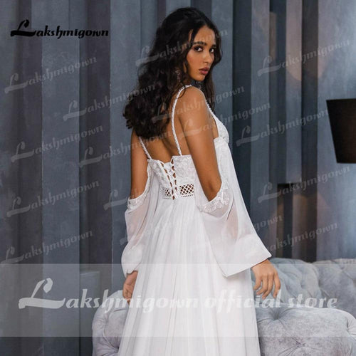 NumberSea Robes de mariée en mousseline dos nu Bretelles spaghetti Manches lanternes