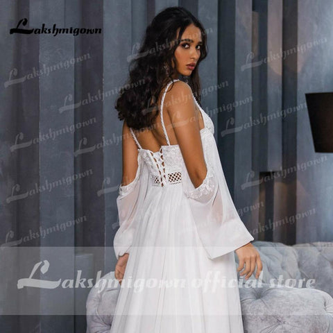 NumberSea Chiffon Rückenfreies Spaghettiträger Laternenärmel Brautkleider