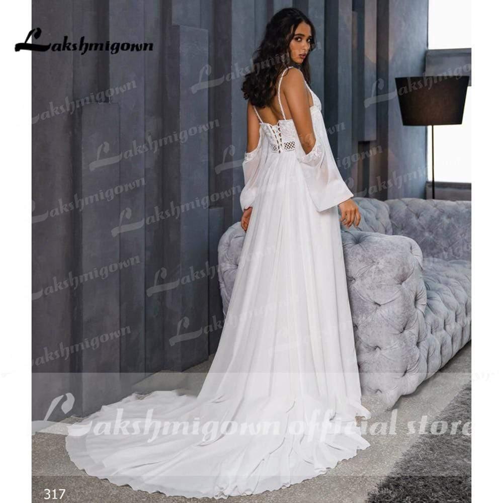 NumberSea Chiffon Backless Spaghetti Straps lantern Sleeve Wedding Dresses