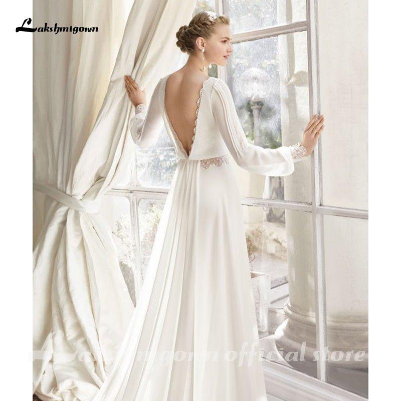 NumberSea Chiffon Beach Wedding Dress 2021 Lace Boho Bride Dress Long Sleeves Backless Wedding Gown Custom Made Vestidos de novia