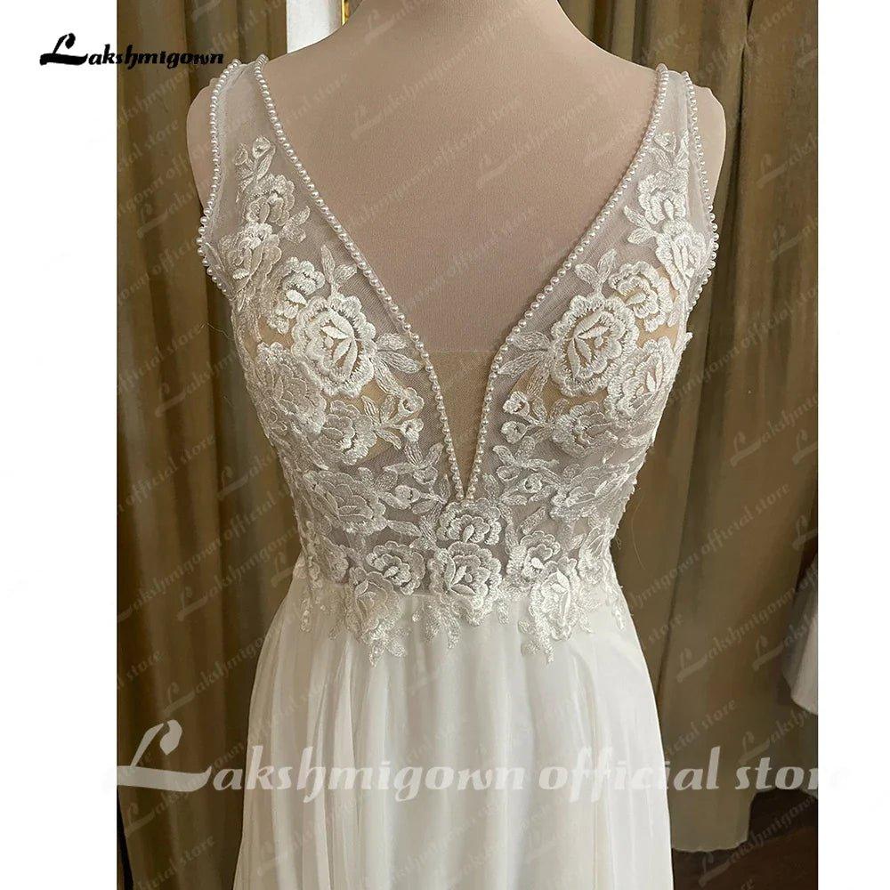 NumberSea Chiffon Beach Wedding Dress V Neck Lace Appliques Vestido Novia 2025 Sexy Bridal Boho Wedding Gowns Open Back