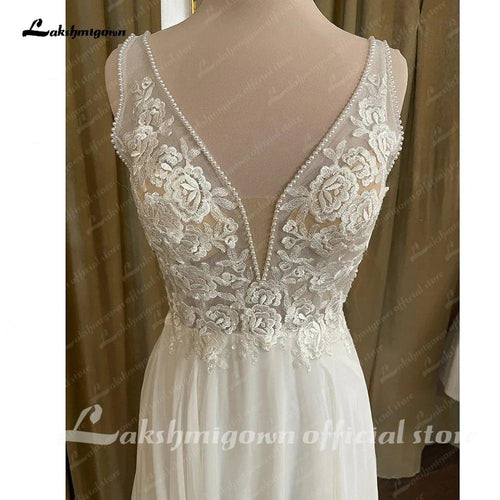 Robe de mariée plage en mousseline de soie NumberSea, col en V, applications de dentelle, dos ouvert, style bohème sexy pour mariée 2025