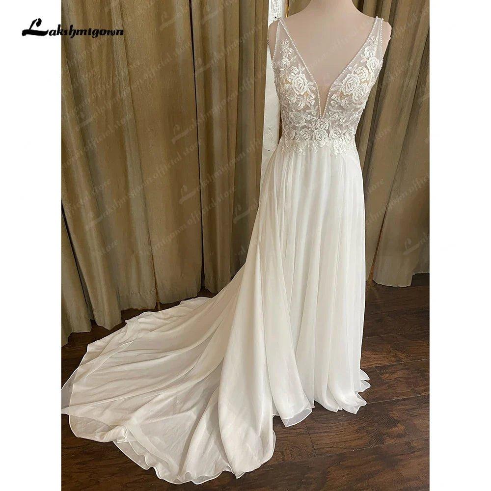 NumberSea Chiffon Beach Wedding Dress V Neck Lace Appliques Vestido Novia 2025 Sexy Bridal Boho Wedding Gowns Open Back