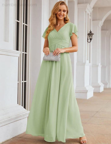 Numbersea Chiffon Bridesmaid Dress Cap Sleeves Maxi Prom Gowns Party Wedding Mother of The Bride Dresses for Women SEA28047