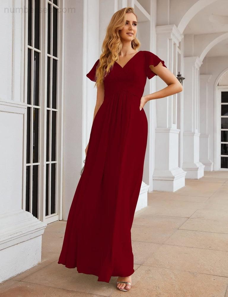 Vestido de dama de honor em chiffon Numbersea, manga curta, comprido, baile, festa, casamento, mãe da noiva, vestidos para mulher SEA28047 