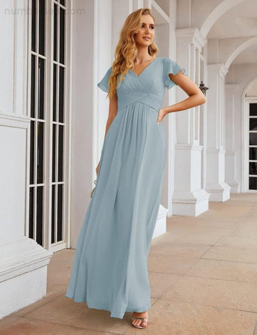 Numbersea Chiffon Bridesmaid Dress Cap Sleeves Maxi Prom Gowns Party Wedding Mother of The Bride Dresses for Women SEA28047