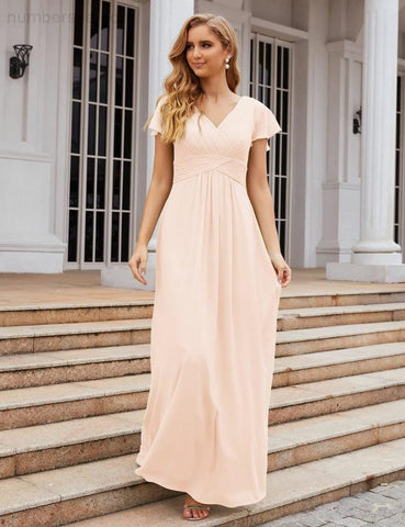 Numbersea Chiffon Bridesmaid Dress Cap Sleeves Maxi Prom Gowns Party Wedding Mother of The Bride Dresses for Women SEA28047