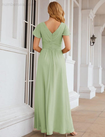 Numbersea Chiffon Bridesmaid Dress Cap Sleeves Maxi Prom Gowns Party Wedding Mother of The Bride Dresses for Women SEA28047