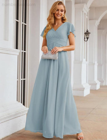 Numbersea Chiffon Bridesmaid Dress Cap Sleeves Maxi Prom Gowns Party Wedding Mother of The Bride Dresses for Women SEA28047