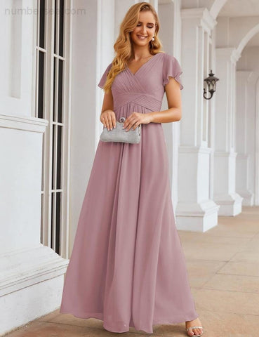 Numbersea Chiffon Bridesmaid Dress Cap Sleeves Maxi Prom Gowns Party Wedding Mother of The Bride Dresses for Women SEA28047