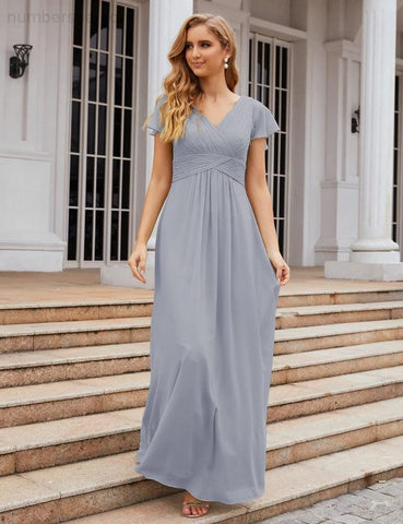 Numbersea Chiffon Bridesmaid Dress Cap Sleeves Maxi Prom Gowns Party Wedding Mother of The Bride Dresses for Women SEA28047