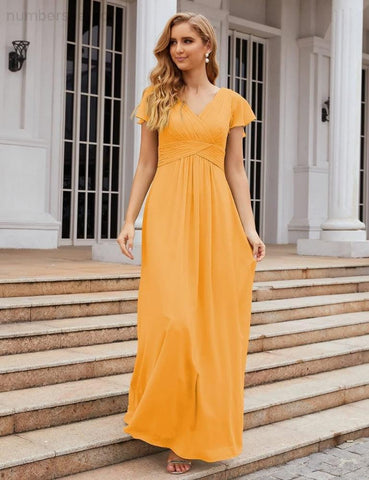 Numbersea Chiffon Bridesmaid Dress Cap Sleeves Maxi Prom Gowns Party Wedding Mother of The Bride Dresses for Women SEA28047