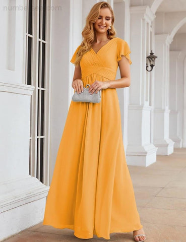 Numbersea Chiffon Bridesmaid Dress Cap Sleeves Maxi Prom Gowns Party Wedding Mother of The Bride Dresses for Women SEA28047