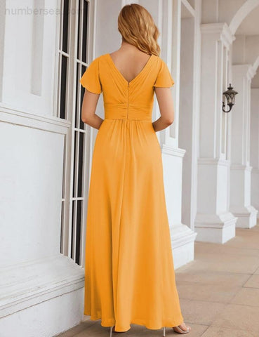 Numbersea Chiffon Bridesmaid Dress Cap Sleeves Maxi Prom Gowns Party Wedding Mother of The Bride Dresses for Women SEA28047