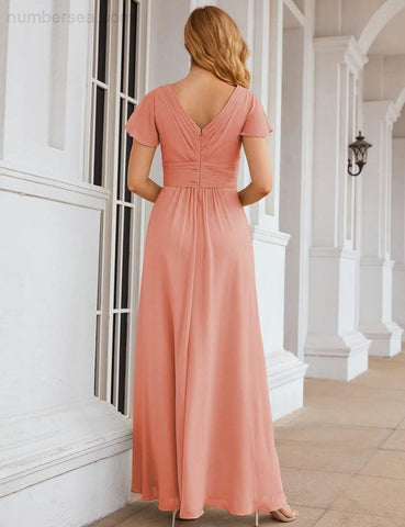 Numbersea Chiffon Bridesmaid Dress Cap Sleeves Maxi Prom Gowns Party Wedding Mother of The Bride Dresses for Women SEA28047