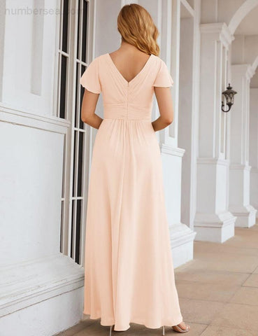 Numbersea Chiffon Bridesmaid Dress Cap Sleeves Maxi Prom Gowns Party Wedding Mother of The Bride Dresses for Women SEA28047