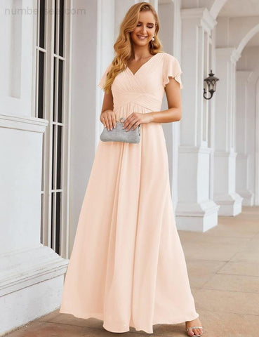 Numbersea Chiffon Bridesmaid Dress Cap Sleeves Maxi Prom Gowns Party Wedding Mother of The Bride Dresses for Women SEA28047
