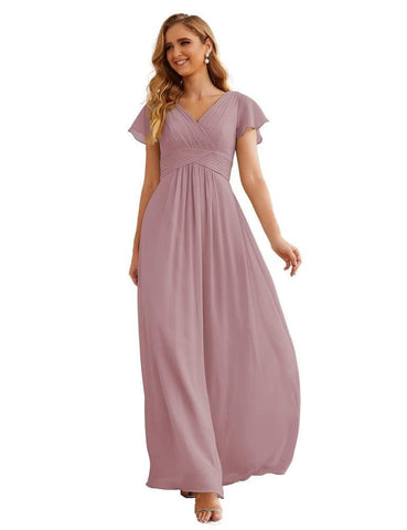 Numbersea Chiffon Bridesmaid Dress Cap Sleeves Maxi Prom Gowns Party Wedding Mother of The Bride Dresses for Women SEA28047