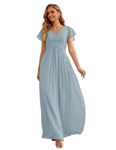 Numbersea Chiffon Bridesmaid Dress Cap Sleeves Maxi Prom Gowns Party Wedding Mother of The Bride Dresses for Women SEA28047