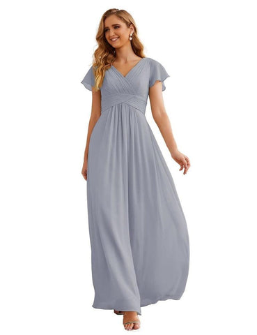 Numbersea Chiffon Bridesmaid Dress Cap Sleeves Maxi Prom Gowns Party Wedding Mother of The Bride Dresses for Women SEA28047