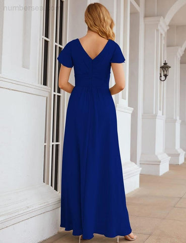 Numbersea Chiffon Bridesmaid Dress Cap Sleeves Maxi Prom Gowns Party Wedding Mother of The Bride Dresses for Women SEA28047