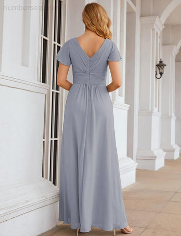 Numbersea Chiffon Bridesmaid Dress Cap Sleeves Maxi Prom Gowns Party Wedding Mother of The Bride Dresses for Women SEA28047